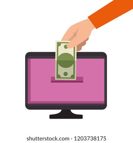 hand inserting bill dollar in computer