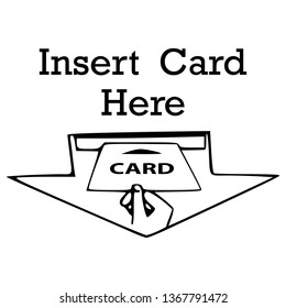 Hand inserting card in the machine icon,  logo, symbol, sign. Template isolated on white background. 2D simple flat Style graphic design. Black and white color. Vector EPS10