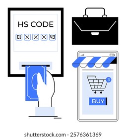 Hand inserting cash, HS Code, briefcase, and smartphone with online shopping cart. Ideal for e-commerce, international trade, digital transactions, retail management, economic services. Simple flat