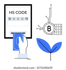 Hand inserting cash into a slot marked HS Code. Nearby, a Bitcoin symbol with circuitry and a green leaf. Ideal for finance, cryptocurrency, environmental sustainability, technology, and global