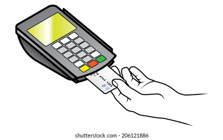A hand inserting a chipped credit card intp a small point of sale pin pad / terminal.