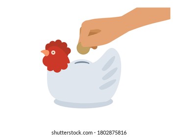 Hand inserting coin to the chicken piggy bank. Simple flat illustration.
