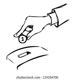Hand inserting a coin into a bank. Vector illustration.