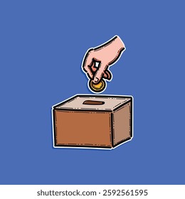 A hand inserting a coin into a box, symbolizing charity, donations, or giving. Simplistic illustration with bright colors conveying generosity and support.