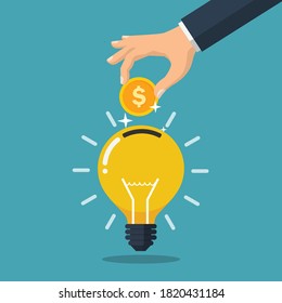 hand inserting coin into light bulb. save money idea concept. business and finance. isolated on blue background. vector illustration in flat style modern design.