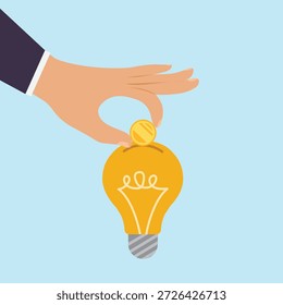 Mão inserindo moeda na ideia da lâmpada simbolizando investimento inovação financiando criatividade e crescimento de ideias