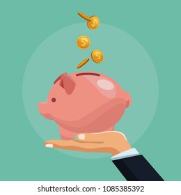 Hand inserting coin into piggy