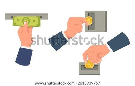 Hand inserting coin into slot of vending machine or pulling bills from ATM receiver. Financial transfer. Human gesture. Arms hold banknote. Banking terminal. Payment