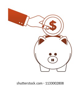 Hand inserting coin to piggy red lines