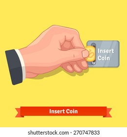 Hand inserting coin to a slot on a vending machine or arcade apparatus. Flat style vector illustration.