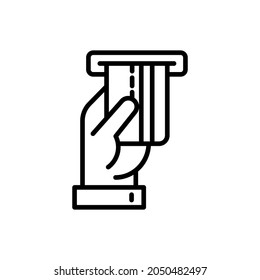 Hand inserting credit card in ATM slot thin line icon. Modern vector illustration.