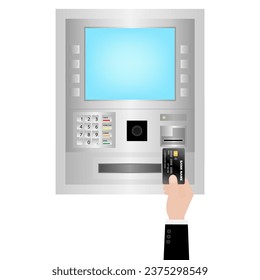 Hand Inserting Credit Card, ATM Card or Debit Card into ATM Machine to Withdraw or Transfer Money. Vector Illustration. 