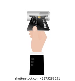 Hand Inserting Credit Card, ATM Card or Debit Card into ATM Machine to Withdraw or Transfer Money. Vector Illustration. 