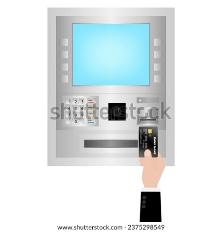 Hand Inserting Credit Card, ATM Card or Debit Card into ATM Machine to Withdraw or Transfer Money. Vector Illustration. 