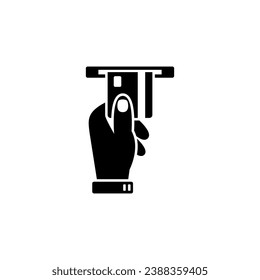 Hand inserting a credit card into an ATM vector icon.