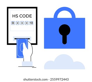 Hand inserting credit card into machine with HS code displayed. Blue padlock and cloud in background. Ideal for online security, e-commerce, finance, encryption, banking systems. Flat modern style