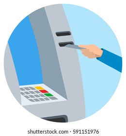 Hand inserting credit card into the atm slot Vector illustration icone in flat style