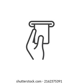 Hand, die Kreditkartenlinie Symbol einführt. lineares Stilzeichen für mobiles Konzept und Webdesign. Umriss-Vektorsymbol des Geldautomaten Symbol, Logo-Abbildung. Vektorgrafik