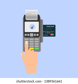 Hand inserting credit card to a POS terminal. Payment terminal . Flat design vector.