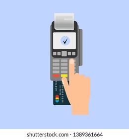 Hand inserting credit card to a POS terminal. Payment terminal . Flat design vector.