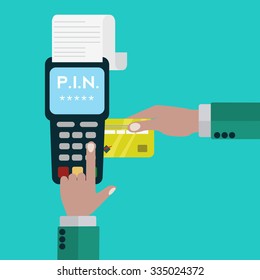 Hand inserting credit card to a POS terminal, entering pin code and printing receipt. vector illustration