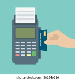 Hand inserting credit card to a POS terminal. Payment terminal . Flat design vector.