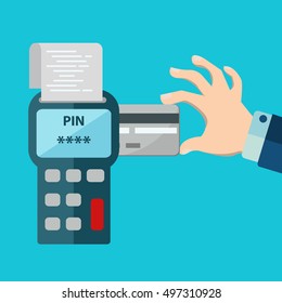 Hand inserting credit card to a POS terminal, entering pin code and printing receipt. Flat style isometric vector icon.