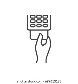 Hand inserting credit card to a pos terminal line icon.