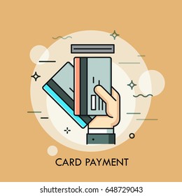 Hand inserting credit or debit card into slot. Payment method, money withdrawal, ATM service, transaction concept. Vector illustration for banner, poster, presentation, brochure, website, print.