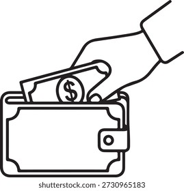 Mão inserindo uma nota de dólar em uma carteira, representando uma transação financeira isolada no fundo branco, ilustração