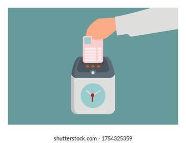 Hand inserting form paper into attendance clock machine. Simple flat illustration
