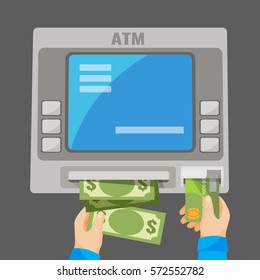 Hand inserting green credit card into grey ATM and withdrawing money. Process of getting cash using plastic card and bank special machine. Vector illustration of banking financial operation