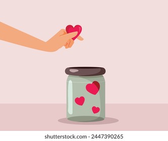 
Mano insertando un corazón en un tarro de donación Vector ilustración de dibujos animados. Donante que hace una parte benéfica de dinero en un fondo 
