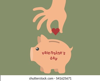 A hand inserting a heart into a piggy bank symbolizing savings for valentine's day