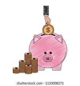 Hand inserting money to piggy scribble