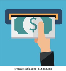 Hand Inserting Money and and Withdrawal. Business and Finance Concept, Vector Illustration Flat Style.