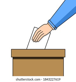 Hand inserting a paper on a box. flat design vector.