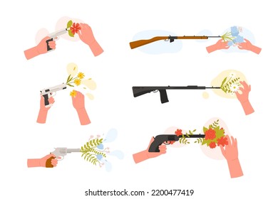 Hand Inserting Wild Flowers Into Muzzle Of Gun Set Vector Illustration. Cartoon Isolated Weapon Shooting Flowers Instead Of Bullets, Hippie Symbol Of Love And Peace, Protest Against. 3D Illustration