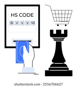 A hand inserts cash into a machine displaying HS codes with a cart atop a chess rook on the right. Ideal for customs, e-commerce, import-export, strategic planning, financial technology. Modern flat