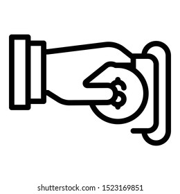 Hand inserts a coin icon. Outline hand inserts a coin vector icon for web design isolated on white background