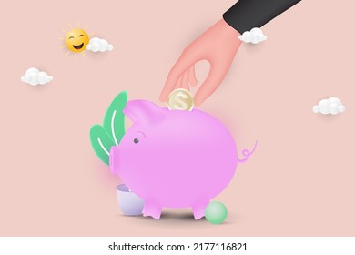 Hand steckt eine Münze in das Sparschwein ein. 3D-Vektorgrafik.