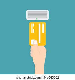 Hand inserts a credit card into ATM. Bankomat hand.  Card usage.