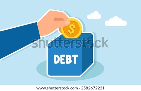 A hand inserts a dollar coin into a box labeled DEBT, illustration of paying off debt