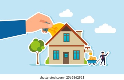 A hand inserts a lamp into a house while a businessman collects dollar coins from a house, illustration of creativity in innovation and ideas boosting business profit and revenue