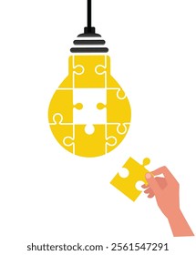 Hand inserts the missing puzzle in lightbulb stock illustration.