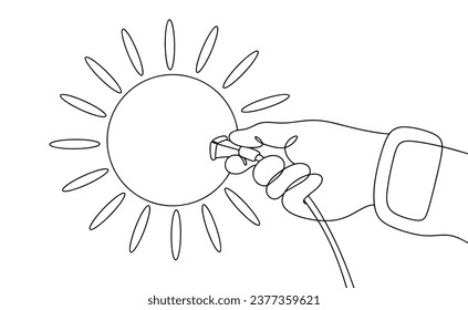 A hand inserts a plug into the sun. Symbol of using solar electricity. World Energy Saving Day. One line drawing for different uses. Vector illustration.
