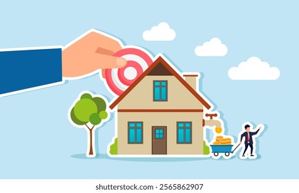 A hand inserts a target board into a house while a businessman collects dollar coins from a house, illustration of achieving business targets directly increasing profit and revenue