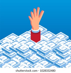 Hand inside the pile of money for help