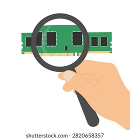 Hand Inspecting RAM Stick Pins with Magnifying Glass. Vector illustration of hand holding magnifying glass over DDR4 RAM memory module, with enlarged chip and broken contact details visible through the lens. Clean design for troubleshooting guides, compatibility checks, QA processes, and tech education content