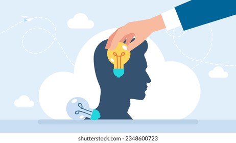 Hand installing light bulb on human head. Businessman changes the lightbulb. New business idea in human head, thinking about success solution, lightbulb as creativity metaphor. Vector illustration.